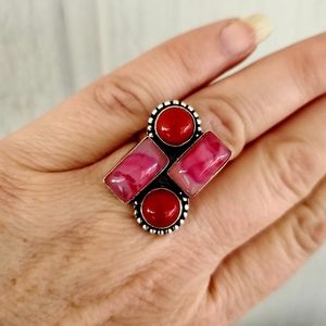 New Botswana Agate & Coral 925 Silver Ring.
